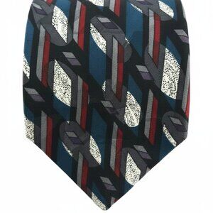Louis Raphael 100% Silk Necktie Abstract Geometric Black White Gray Red and Teal